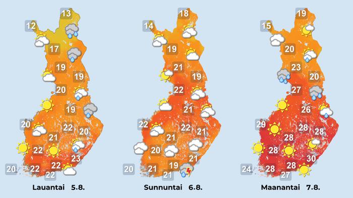 Sääennuste viikonlopuksi ja maanantaille Sade- ja ukkoskuuroja tulee viikonloppuna vähän viimeaikaista vähemmän. Maanantaina helle äityy tukalaksi ennen mahdollisia rajuja ukkosia.