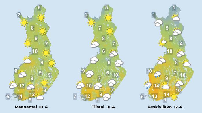 Sääennuste alkuviikolle 10.-12.4. Alkuviikolla sää on vielä laajalti poutaista, mutta keskiviikkona epävakaistuu maan länsiosassa.