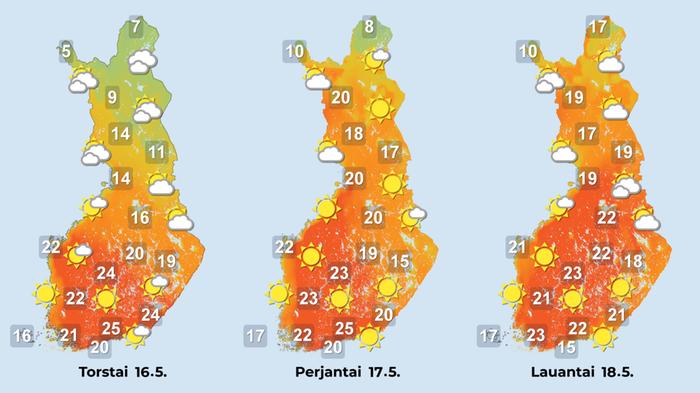ennuste Hellettä esiintyy myös lähipäivinä. Lapissa viilenee hetkellisesti.
