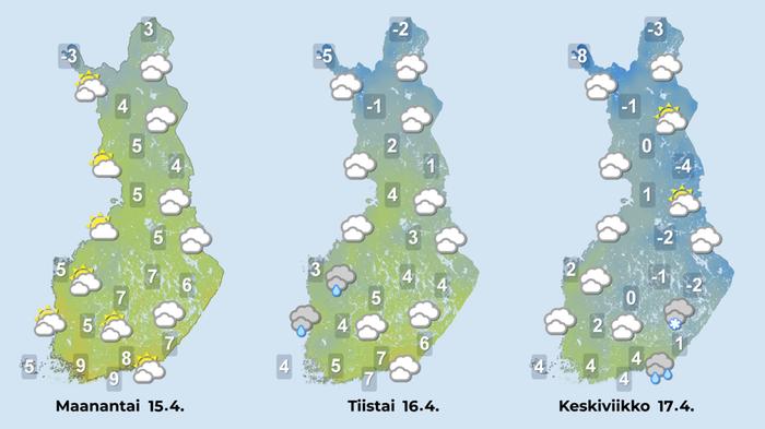 Sääennuste iltapäiville 15.-17. huhtikuuta.