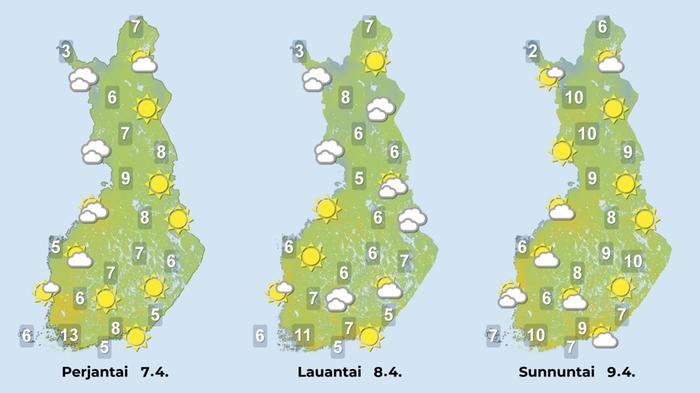 Ennuste 7.–9.4.2023 Ennuste iltapäiville pitkäperjantaista pääsiäispäivään 7.–9.4.2023.