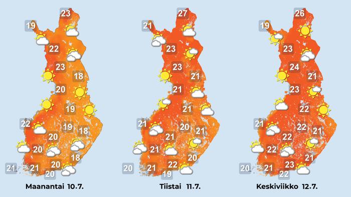 Sääennuste iltapäiville 10.-13. heinäkuuta.