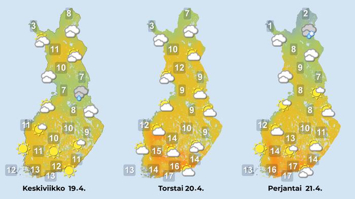 Ennuste 19.–21.4.2023 Ennuste iltapäiville 19.–21.4.2023.