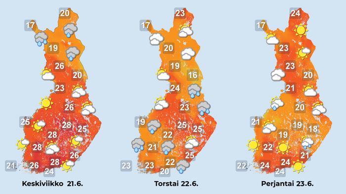 Ennuste 21.–23.6.2023 Ennuste iltapäiville 21.–23.6.2023.