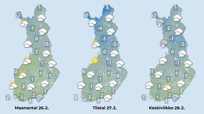 Sääennuste 26.-28.2. Sää jatkuu lauhana myös toisella talvilomaviikolla.