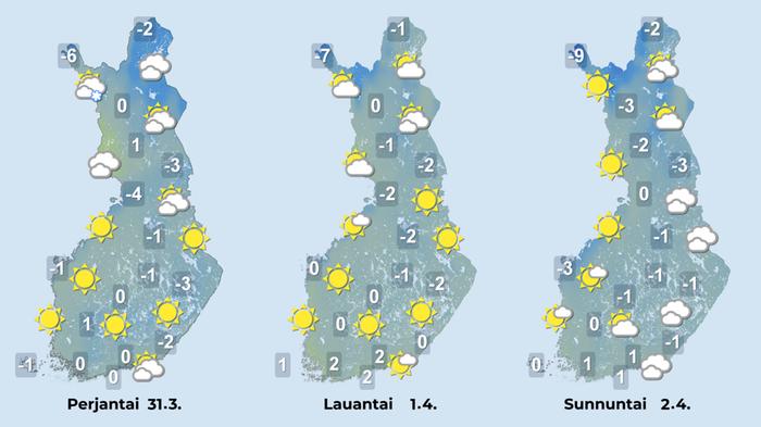Ennuste 31.3.–2.4.2023 Ennuste iltapäiville 31.3.–2.4.2023.