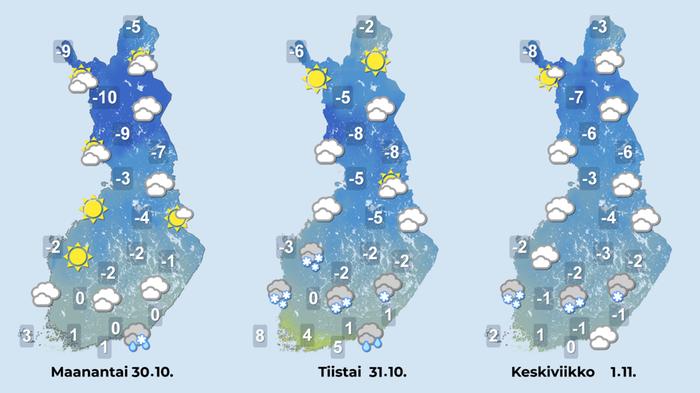 Alkuviikon sääennuste. Alkuviikolla maan etelä- ja keskiosassa tulee lumi- ja vesisateita. Pohjoisessa kylmä sää jatkuu.