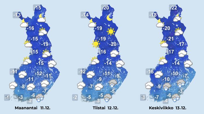 Lumisateet painottuvat alkuviikolla etelään ja itään. 