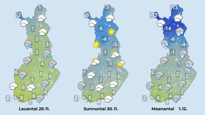 Maan etelä- ja keskiosassa sää jatkuu lauhana, mutta pohjoisessa kylmenee viikonvaihteessa.