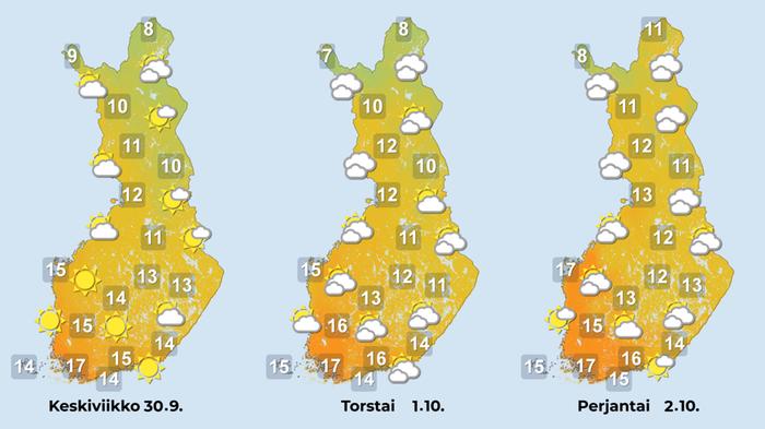 Etenkin maan lounaisosassa syyssää jatkuu lämpimänä kuun vaihteessa.
