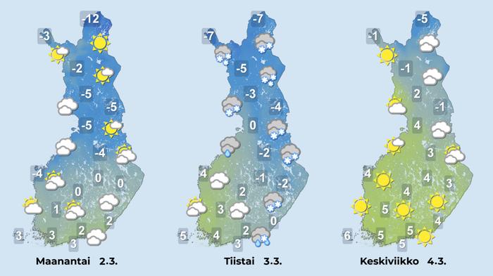 Tiistain sadealueen jälkeen sää muuttuu lauhemmaksi ja aurinkoisemmaksi.