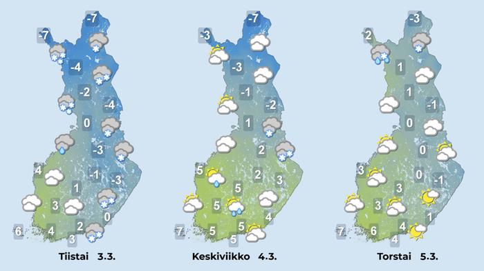 Tiistain sadealueen perässä virtaa suureen osaan maata lauhaa ilmaa.