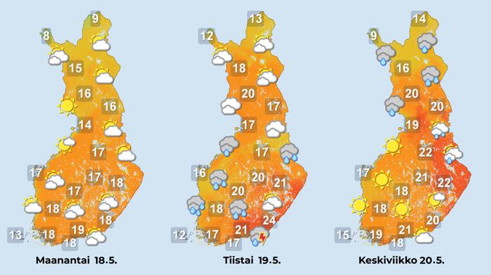 Tiistaina ja keskiviikkona maan itäosassa on jopa helteisen lämmintä ilmamassaa.