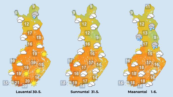 Lauantaina auringonpaisteesta päästään nauttimaan suuressa osassa maata. Sunnuntaina ja alkuviikolla on selvästi pilvisempää.