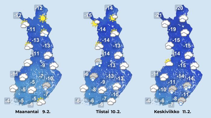 Sääennuste iltapäiville 9.–11. helmikuuta.