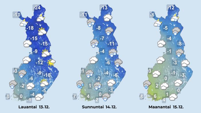 Sääennuste iltapäiville 13.–15. joulukuuta.