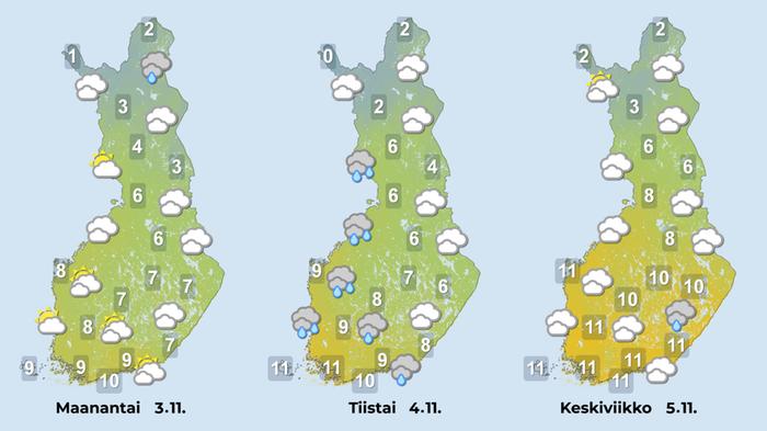 Sääennuste 2.11.2025 Sääennuste iltapäiville 3.-5.11.2025
