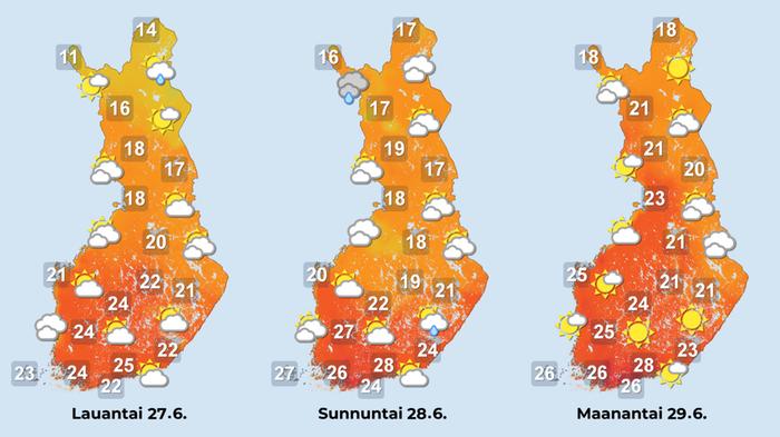 Sääennuste iltapäiville 27.-29. kesäkuuta.