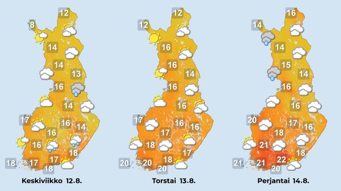 Ennuste 12.–14.8. Keskiviikko on viikon kolein päivä, mutta loppuviikolla lämpenee.
