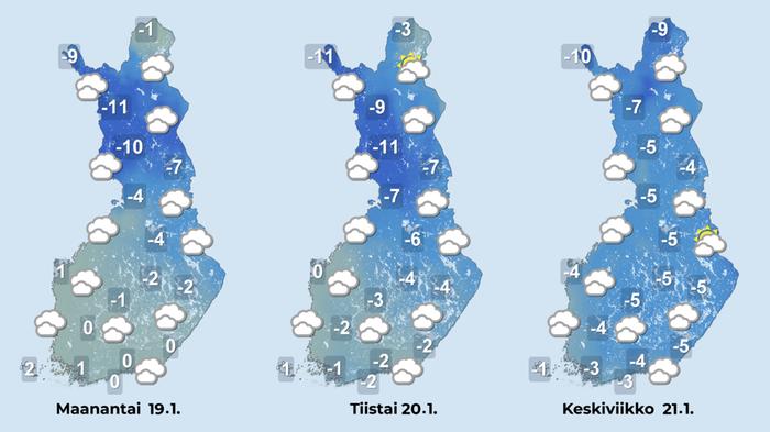 Sääennuste iltapäiville 19.-21. tammikuuta.