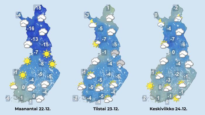 Sääennuste iltapäiville 22.-24. joulukuuta.