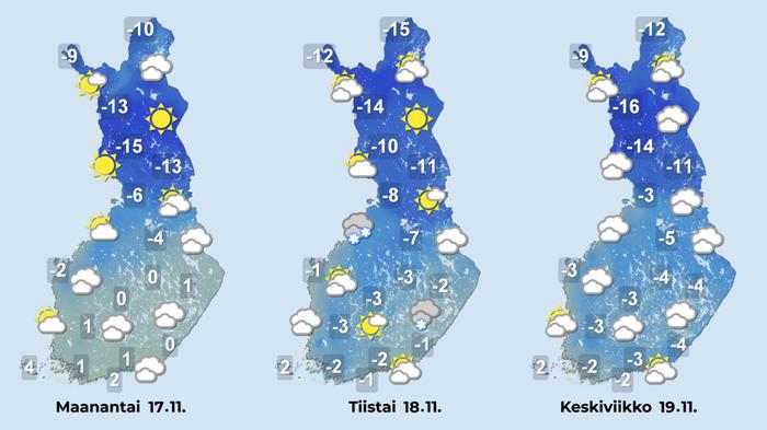 Sääennuste 17.-19.11.2025 Sääennuste iltapäiville 17.-19. marraskuuta.