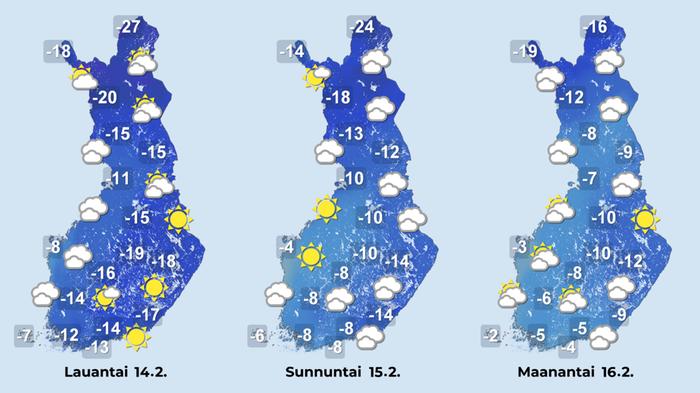 Sääennuste 14.–16.2.2026 Sääennuste iltapäiville 14.–16. helmikuuta.