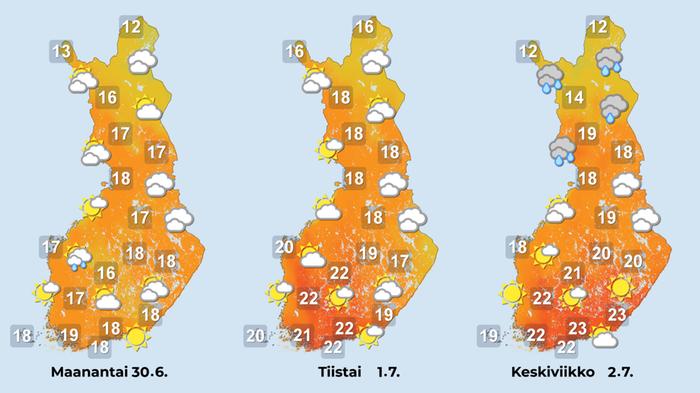 Sääennuste iltapäiville 30.6.-2.7.2025.