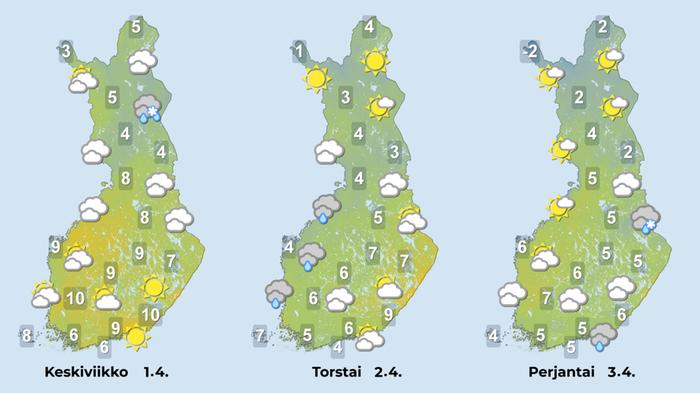 Ennuste 1.–3.4.2026 Ennuste iltapäiville 1.–3.4.2026.
