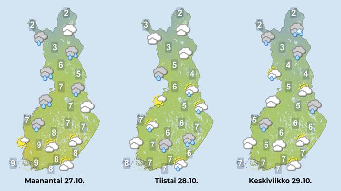 Sääennuste 27.–29.10.2025 Sääennuste iltapäiville 27.–29. lokakuuta. Pilvipeite rakoilee paikoin, mutta pääasiassa harmaan pilvinen sää jatkuu.