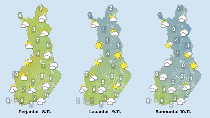 Sääennuste iltapäiville 8.–10. marraskuuta 2024.