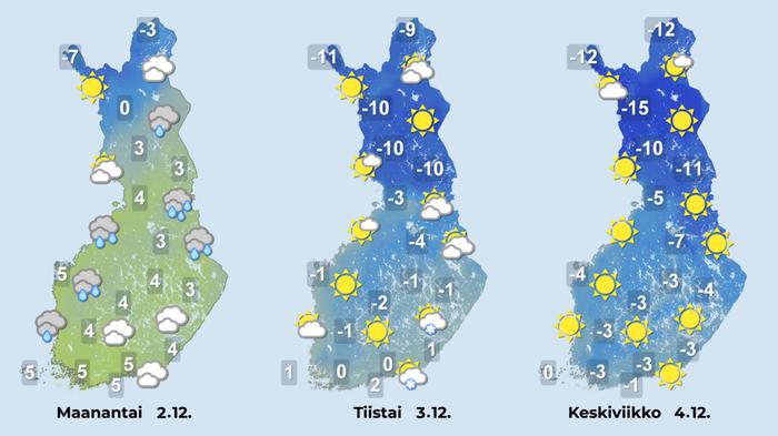 Viikko alkaa hyvin lauhana, mutta nopea kylmeneminen tapahtuu jo tiistai-iltaan mennessä.