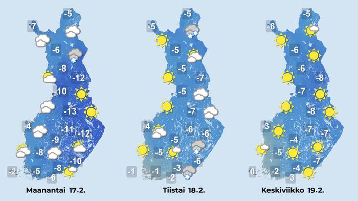 Sääennuste iltapäiville 17.-19.2.2025.