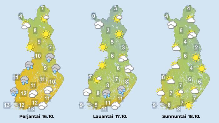 Viikonloppuna sateet väistyvät vähitellen kaakkoon ja sää muuttuu pohjoisesta alkaen selkeämmäksi. Samalla sää hieman viilenee.
