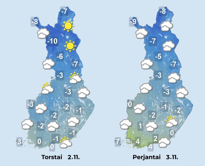 Sääennuste marraskuun alkuun Torstaina ja perjantaina on laajalti poutaista. Viikonloppua kohti sää alkaa lauhtua.