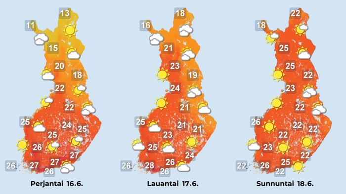 Ennuste 16.–18.6.2023 Ennuste iltapäiville 16.–18.6.2023.