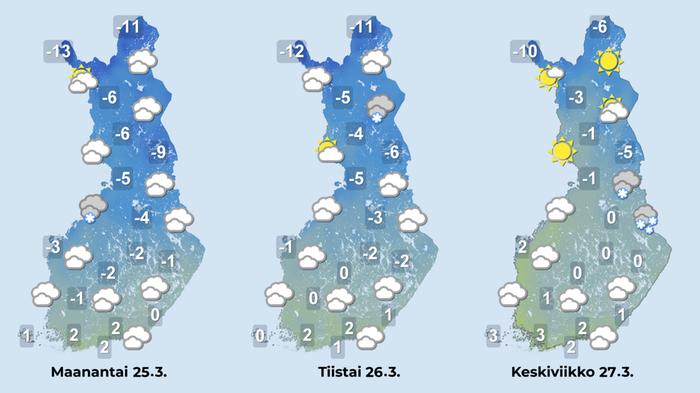 Ennuste 25.–27.3.2024 Ennuste iltapäiville 25.–27.3.2024.