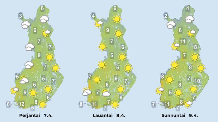 Ennuste 7.–9.4.2023 Ennuste iltapäiville 7.–9.4.2023.