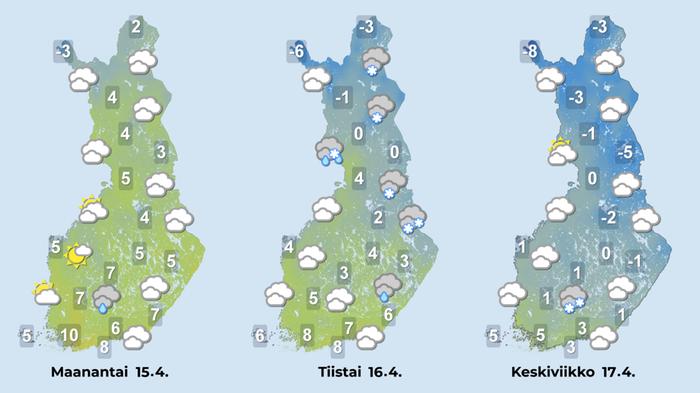 Ennuste 15.–17.4.2024 Ennuste iltapäiville 15.–17.4.2024.