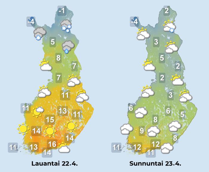Ennuste 22.–23.4.2023 Ennuste iltapäiville 22.–23.4.2023.