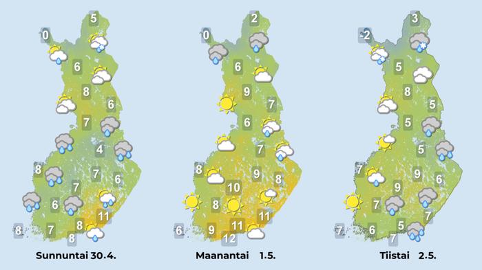 Ennuste 30.4.–2.5.2023 Ennuste iltapäiville 30.4.–2.5.2023.
