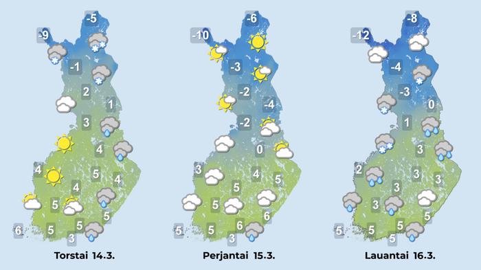 Ennuste 14.–16.3.2024 Ennuste iltapäiville 14.–16.3.2024.