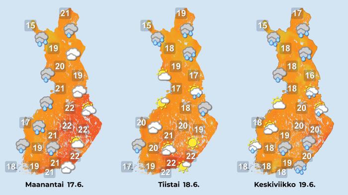 Ennuste 17.–19.6.2024 Ennuste iltapäiville 17.–19.6.2024.