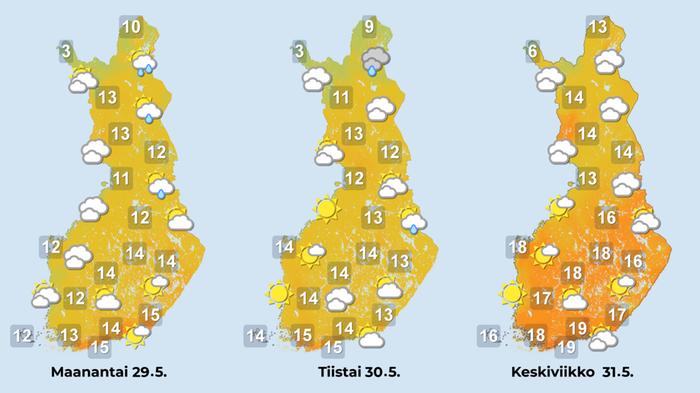 Ennuste 29.–31.5.2023 Ennuste iltapäiville 29.–31.5.2023.