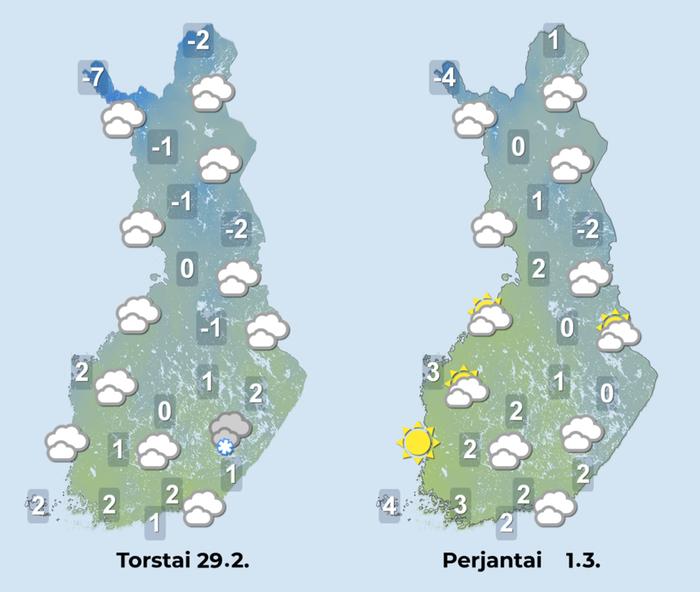 Ennuste 29.2.-1.3. Viikon loppupuolella korkeapaine kurottaa Suomeen ja pilvipeite voi rakoilla laajemmin.