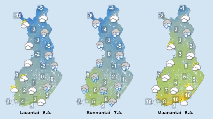 Viikonlopun aikana sää lauhtuu ja alkuviikolla plusasteet leviävät myös pohjoiseen.