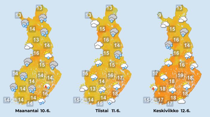Ennuste 10.–12.6.2024 Ennuste iltapäiville 10.–12.6.2024.