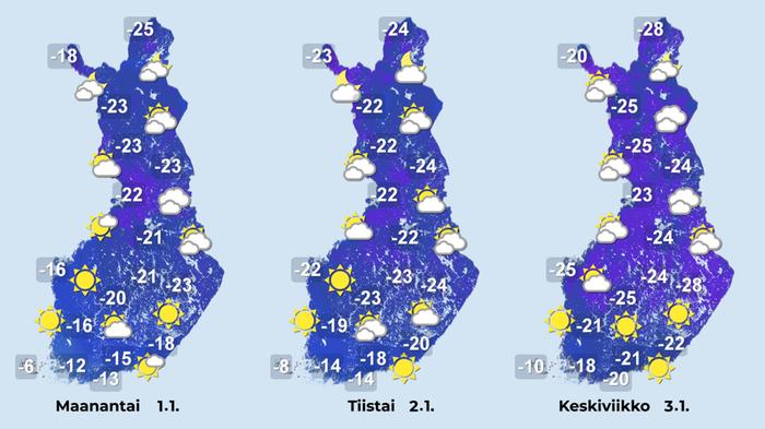 Sääennuste iltapäiville 1.-3. tammikuuta 2024.