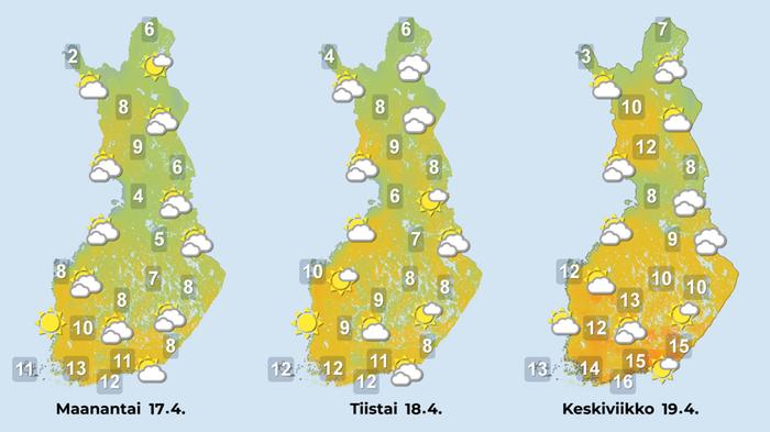 Ennuste 17.–19.4.2023 Ennuste iltapäiville 17.–19.4.2023.