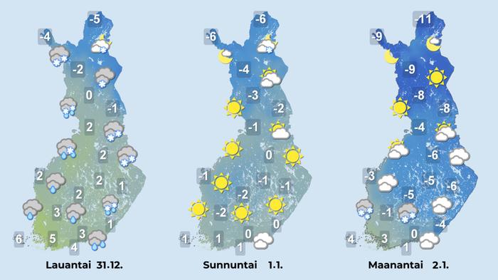 Vuodenvaihde näyttää Suomessakin hyvin lauhalta ja osassa maata vetiseltä.